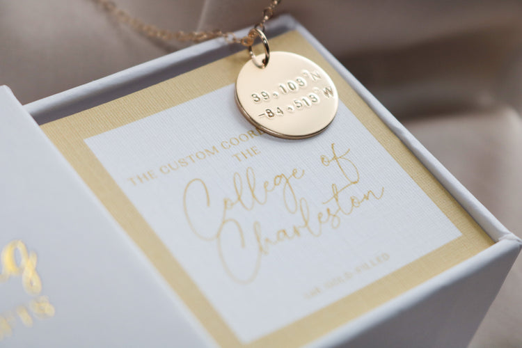 Custom Coordinates Disc Necklace with Card - Graduation Gift for Her