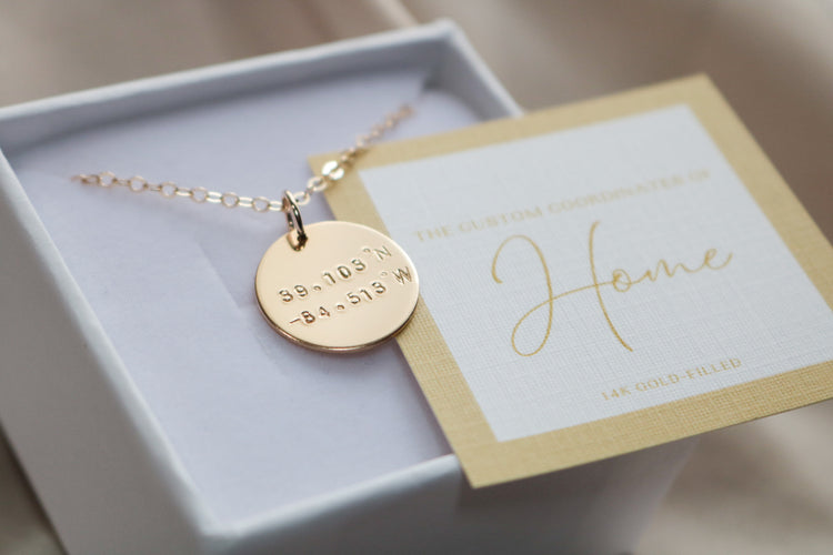 Custom Coordinates Disc Necklace with Card - Graduation Gift for Her