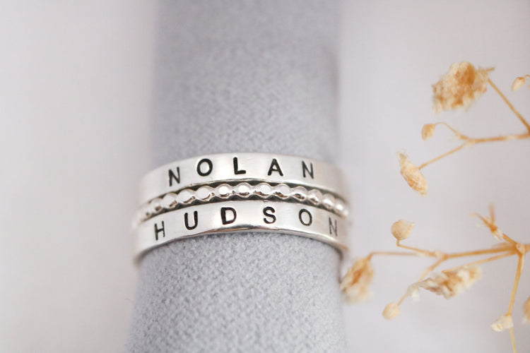 Set of 2 Sterling Silver Name Rings with 1 Spacer - Script Font