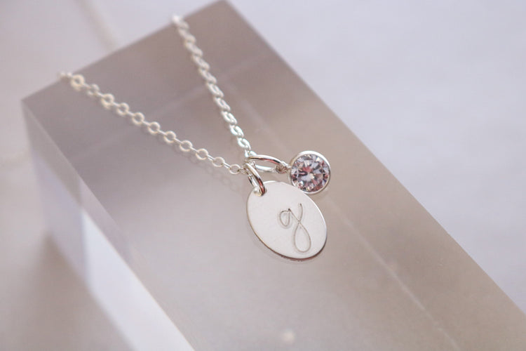 Oval Initial Necklace with Cubic Zirconia