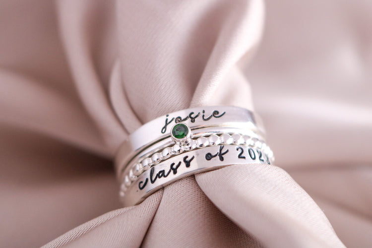 Sterling Silver Modern Class Ring Set | Script Font | One Gemstone Ring