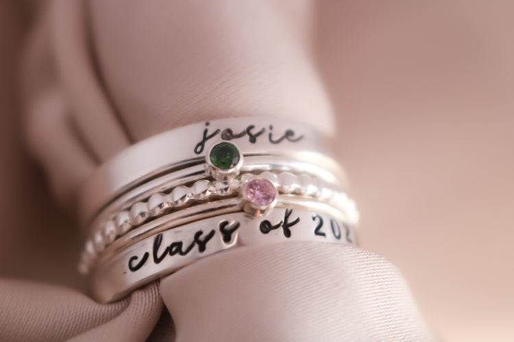 Sterling Silver Modern Class Ring Set | Script Font | Two Gemstone Rings