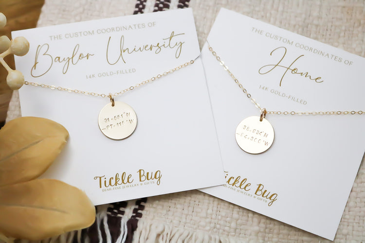 Custom Coordinates Disc Necklace with Card - Graduation Gift for Her