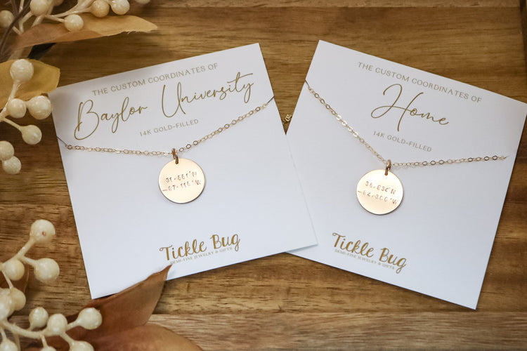 Custom Coordinates Disc Necklace with Card - Graduation Gift for Her