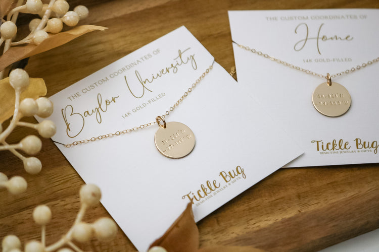Custom Coordinates Disc Necklace with Card - Graduation Gift for Her