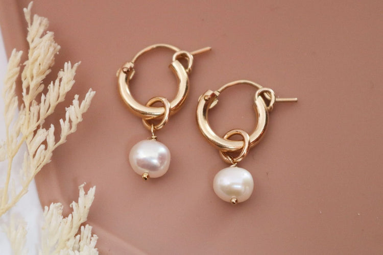 Freshwater Pearl Huggie Earrings - Gold Filled - TickleBugJewelry