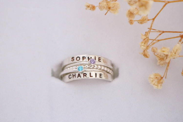 Set of 2 Sterling Silver Name and Birthstone Rings - TickleBugJewelry