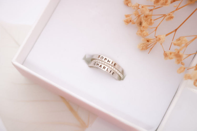 Set of 2 Sterling Silver Name Rings with 1 Spacer - TickleBugJewelry