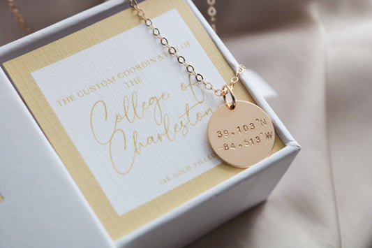 Custom Coordinates Disc Necklace with Card - Graduation Gift for Her