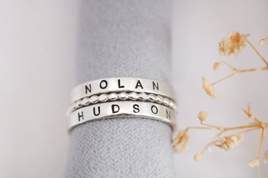 Set of 2 Sterling Silver Name Rings with 1 Spacer - Script Font