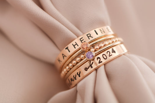 Gold Filled Modern Class Ring Set | Arial Font | Two Gemstone Rings