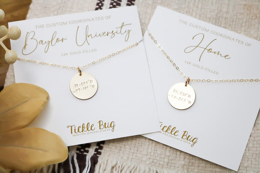 Custom Coordinates Disc Necklace with Card - Graduation Gift for Her