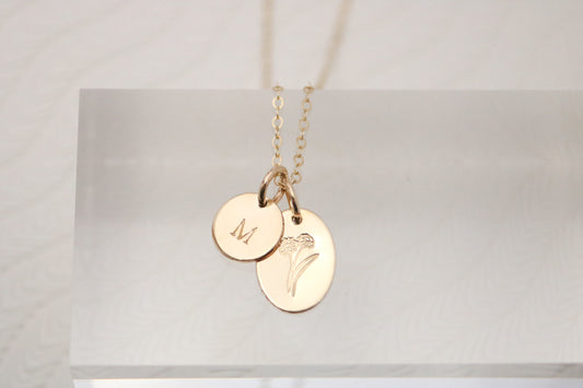 Birth Flower Necklace with Initial Disc + Card