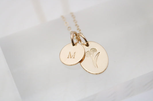 Birth Flower Necklace with Initial Disc + Card