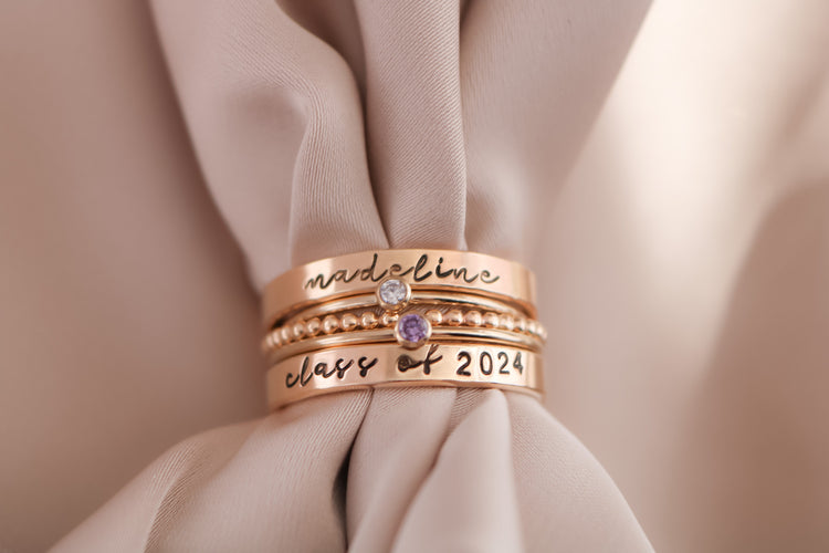 Gold Filled Modern Class Ring Set | Script Font | Two Gemstone Rings