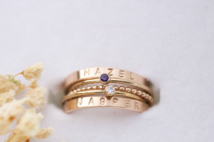 Set of 2 Gold Filled Name and Birthstone Rings - TickleBugJewelry