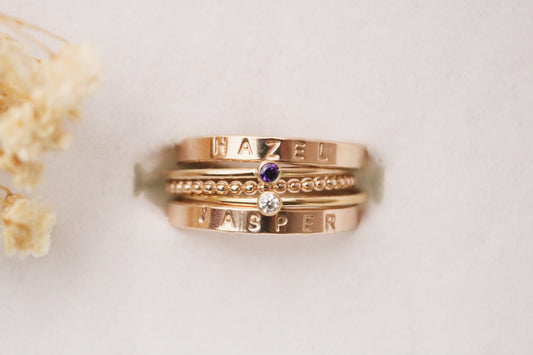 Set of 2 Gold Filled Name and Birthstone Rings - TickleBugJewelry