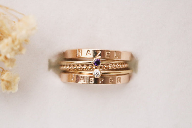 Set of 2 Gold Filled Name and Birthstone Rings – TickleBugJewelry