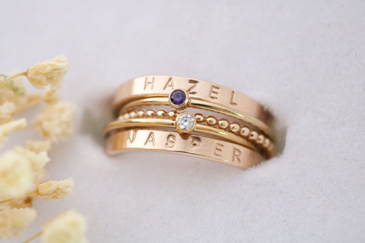 Set of 2 Gold Filled Name and Birthstone Rings - TickleBugJewelry