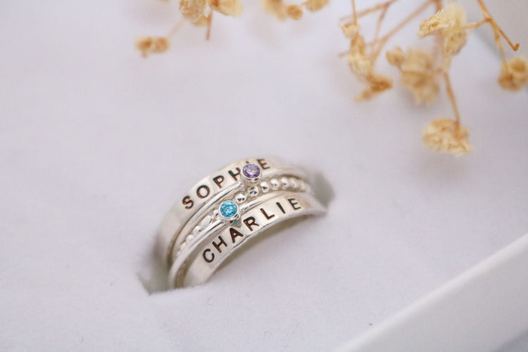 Set of 2 Sterling Silver Name and Birthstone Rings - TickleBugJewelry