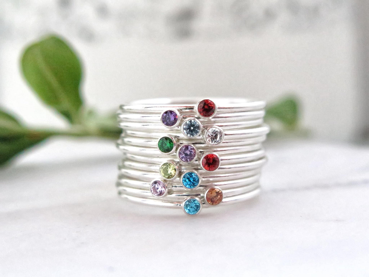 Set of 2 Sterling Silver Name and Birthstone Rings - TickleBugJewelry