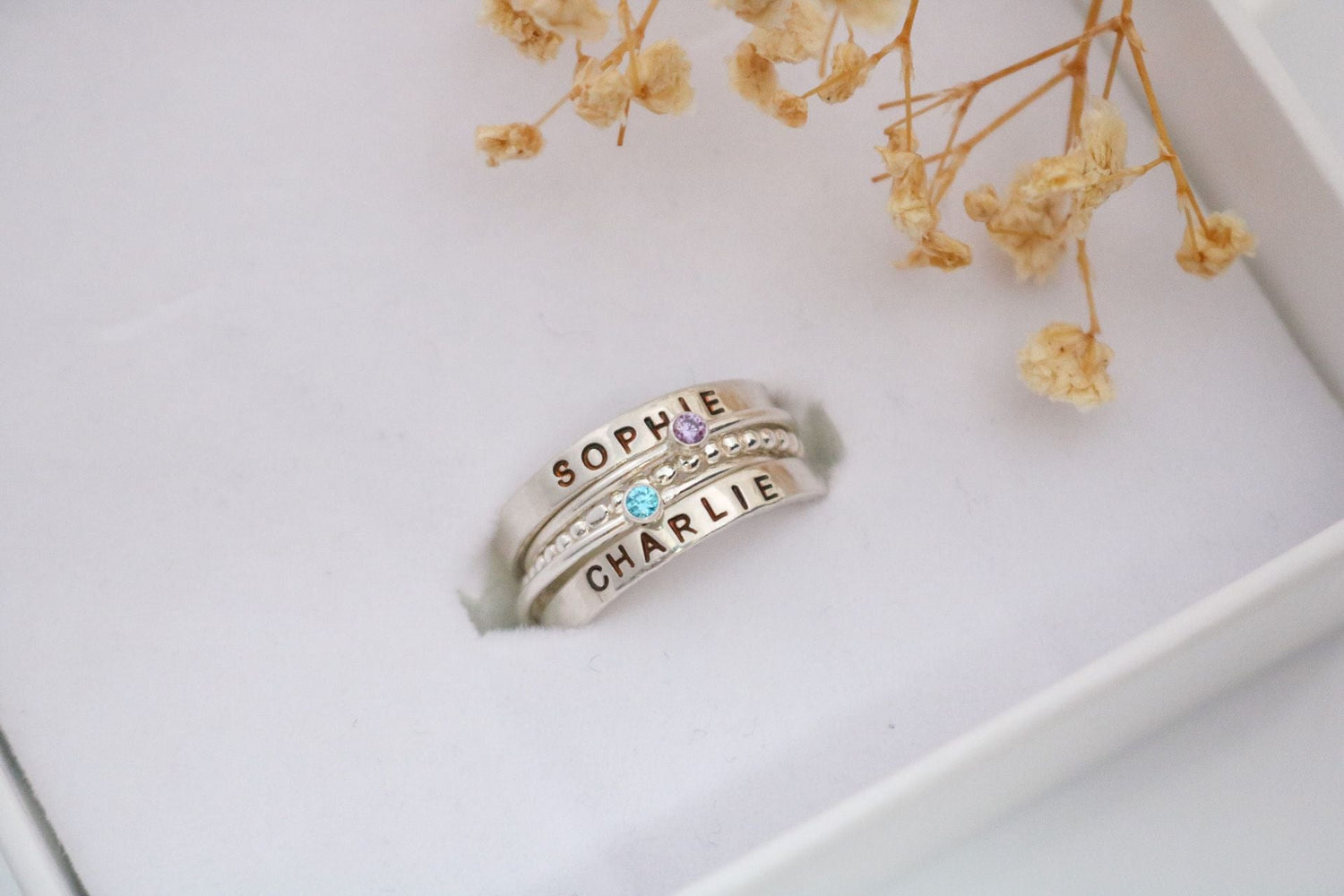 Set of 2 Sterling Silver Name and Birthstone Rings - TickleBugJewelry