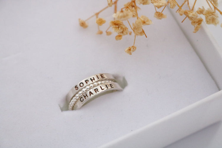 Set of 2 Sterling Silver Name Rings with 1 Spacer - TickleBugJewelry