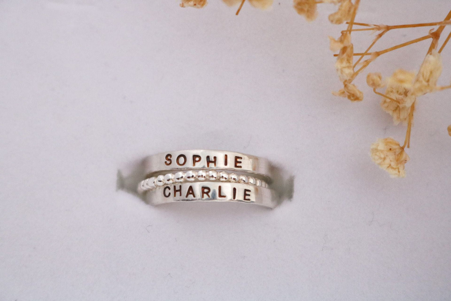 Set of 2 Sterling Silver Name Rings with 1 Spacer - TickleBugJewelry