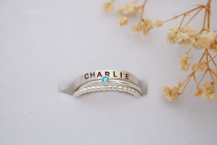 Sterling Silver Name and Birthstone Ring Set - TickleBugJewelry